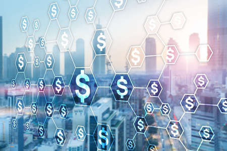 Dollars icons on blurred office background. Financial wallpaper for business presentations.