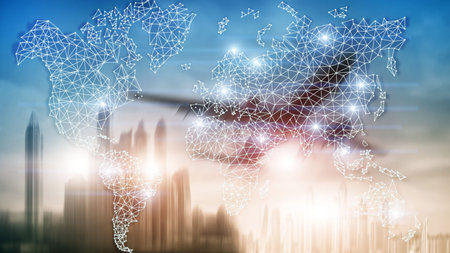 Global World Map Double Exposure Network. Telecommunication, International business Internet and...