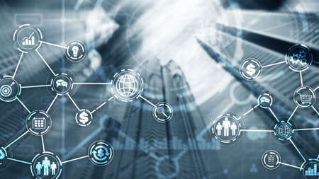 Industry business virtual diagram on city background.の写真素材