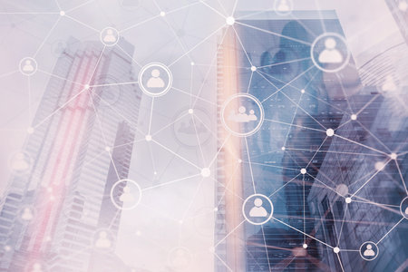 Smart city and social media people icons communication network on modern city background.