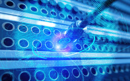 Planet Earth globe global communication technology concept server room background.