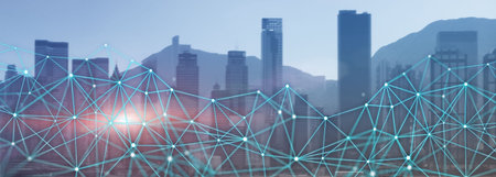 Modern City skyline Digital Wireless network internet technology. Communication concept.