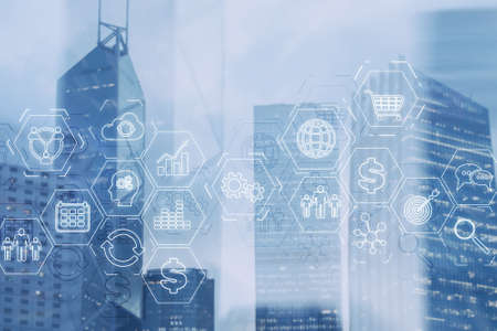 ERP Enterprise Resource Planning . Business intelligence control panel marketing on modern city of...