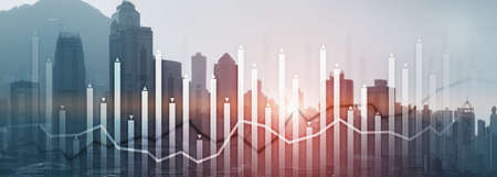 Financial growth chart graph diagram analysis big data trading investment concept. city view skyline website header banner double exposureの写真素材
