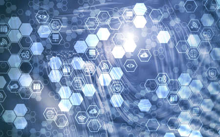 Digital internet connection technology concept. Icons on server rack room background.の写真素材