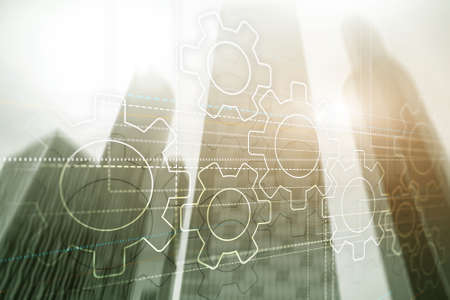 Business technology internet concept double exposure gears abstract backgroundの写真素材