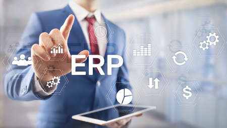 ERP system, Enterprise resource planning on blurred background. Business automation and innovation conceptの写真素材