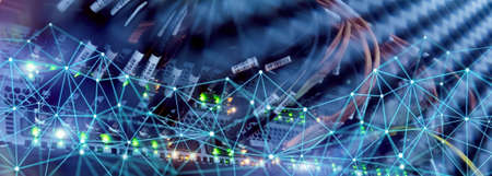 Telecommunication global network structure and networking concept on panoramic server background.