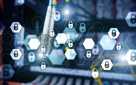 Server rack room digital security data protection concept.