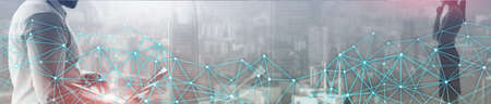 Network on city skyline at night. Connecting technology concept. Blue Lines web.