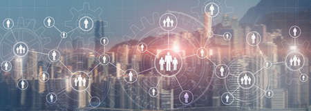 HR Recruitment Structure Global Outsourcing Social network communication concept. Modern City view...
