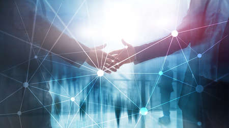 Blockchain network on blurred skyscrapers background. Financial technology and communication...