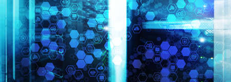 Blue Honeycomb Icons on Technology Management Center. Wifi Gears and Security concept. For your...