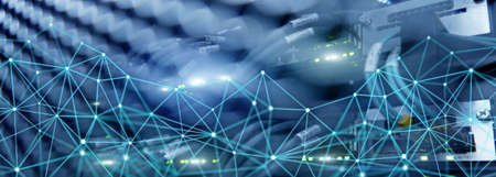 Telecommunication global network structure and networking concept on panoramic server background.