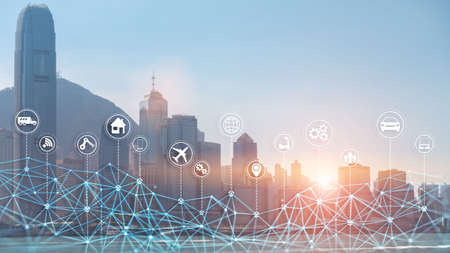 Smart city concept. IoT Internet of Things. Abstract Futuristic City.の写真素材