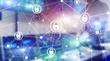 Cyber security, information privacy, data protection concept on modern server room background....