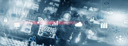 Industry technology concept. Mixed Media virtual screen. Manufacturing wireless computing future...
