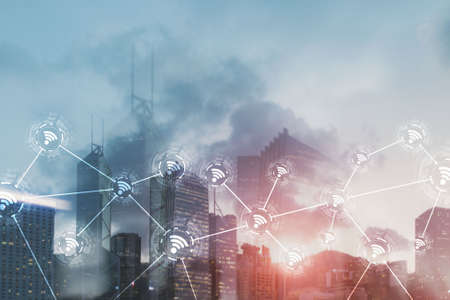 icon on the modern city of the future. Wireless network connection. Hong Kong abstract image.