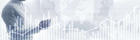 Double exposure global world map on business financial stock market trading background