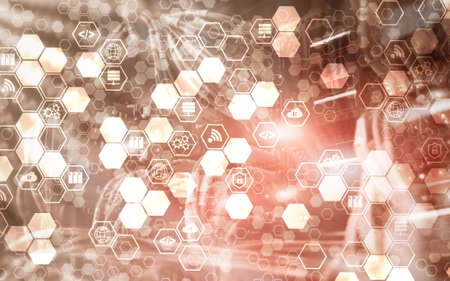 Digital internet connection technology concept. Icons on server rack room backgroundの写真素材