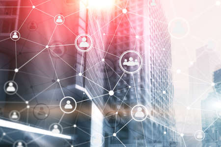 Smart city and social media people icons communication network on modern city background.