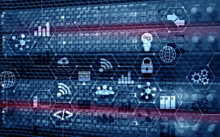 Abstract Internet digital technology concept server rack room background.