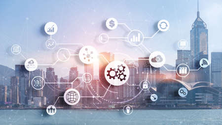 Fintech, Financial Technology and Business concept on modern city backgroundの写真素材