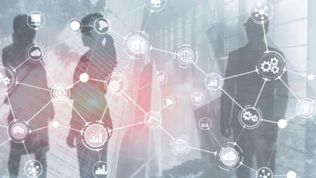 Internet of thing technology automation smart industry. Icons on modern city background.の写真素材