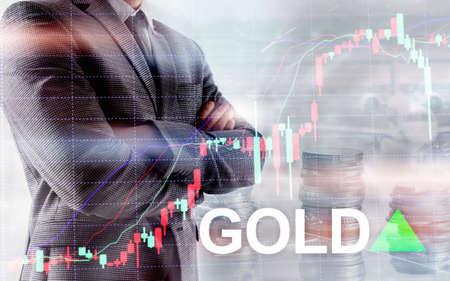 Gold trend up. Gold price stock exchange trading up. Price Gold up. Arrow rises. Abstract business...