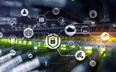 Data security concept. Icons: Closed Padlock, Wifi And cloud on digital background.