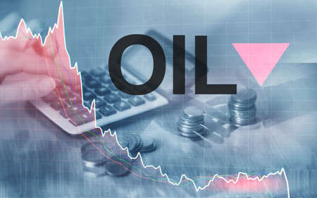 Price oil down. Oil barrels and a financial chart on abstract business background. Barrel arrow...