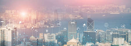 Technology Internet of things wireless communication iot concept networking. Modern city skyline double exposure mixed media.の写真素材