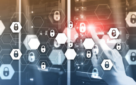 Server rack room digital security data protection concept.