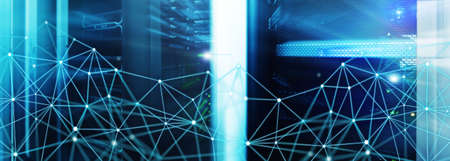 Telecommunication global network structure and networking concept on panoramic server background.