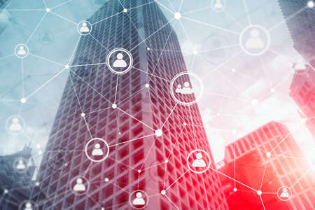 Smart city and social media people icons communication network on modern city background.