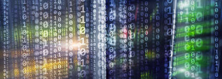 Futuristic theme multiple exposure binary numbers. Data center Website Banner