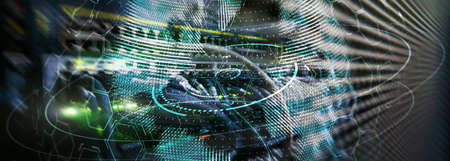 New Technology and Telecommunication Concept. 3D Planet on website header server bannerの写真素材