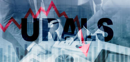 Price oil down. Urals concept on abstract business background. Barrel arrow down. Oil trend downの写真素材