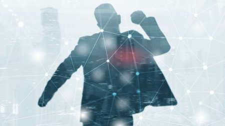 Global network link connection. Silhouettes people on modern city background.の写真素材