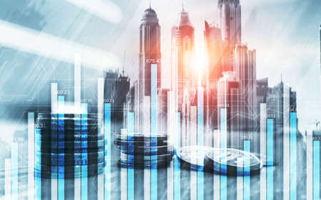 Blue abstract stock market chart. Mixed Media Background.の写真素材