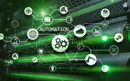 Business process automation concept on blurred network cabinets. New project 2020.