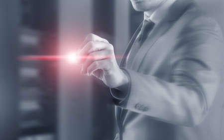 Server room engineer. Double exposure background tonned imageの写真素材