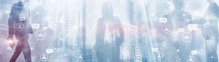 People message icons talk on abstract background with people silhouettes. Social media network