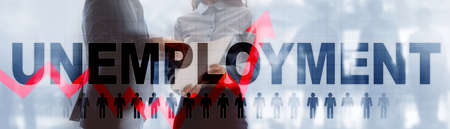 Rising unemployment. Red arrow up. 2020 financial crisis concept.の写真素材