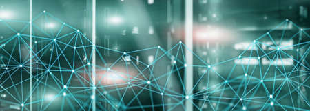 Visual Effect Connection network in servers data center room. Elongated horizontal background
