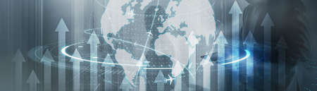 Planet globe 3D Businwss background. Silhouettes against the city backgroundの写真素材