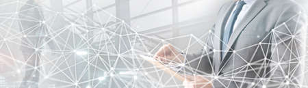 Double Exposure internet connection network with silhouette of business team.