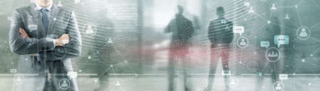 People message icons talk on abstract background with people silhouettes. Social media network.の写真素材