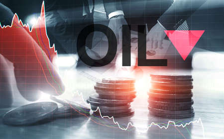 Price oil down. Oil barrels and a financial chart on abstract business background. Barrel arrow...