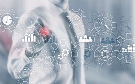 Automation for business technology management and workflow diagram with gears and icons with...